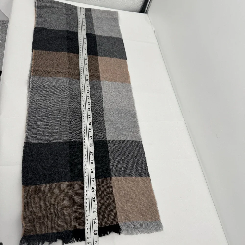 MWT MURANO 100% Cashmere Fringed Scarf Muffler Plaid 13 X 70”
